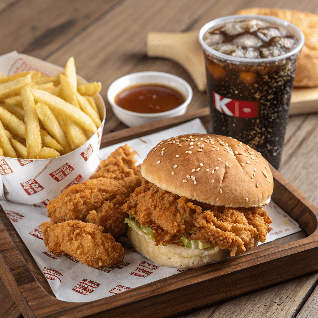 Kennedy Fried Chicken meal with fries and soda