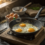 Pasture raised eggs frying sunny side up in skillet with golden yolks
