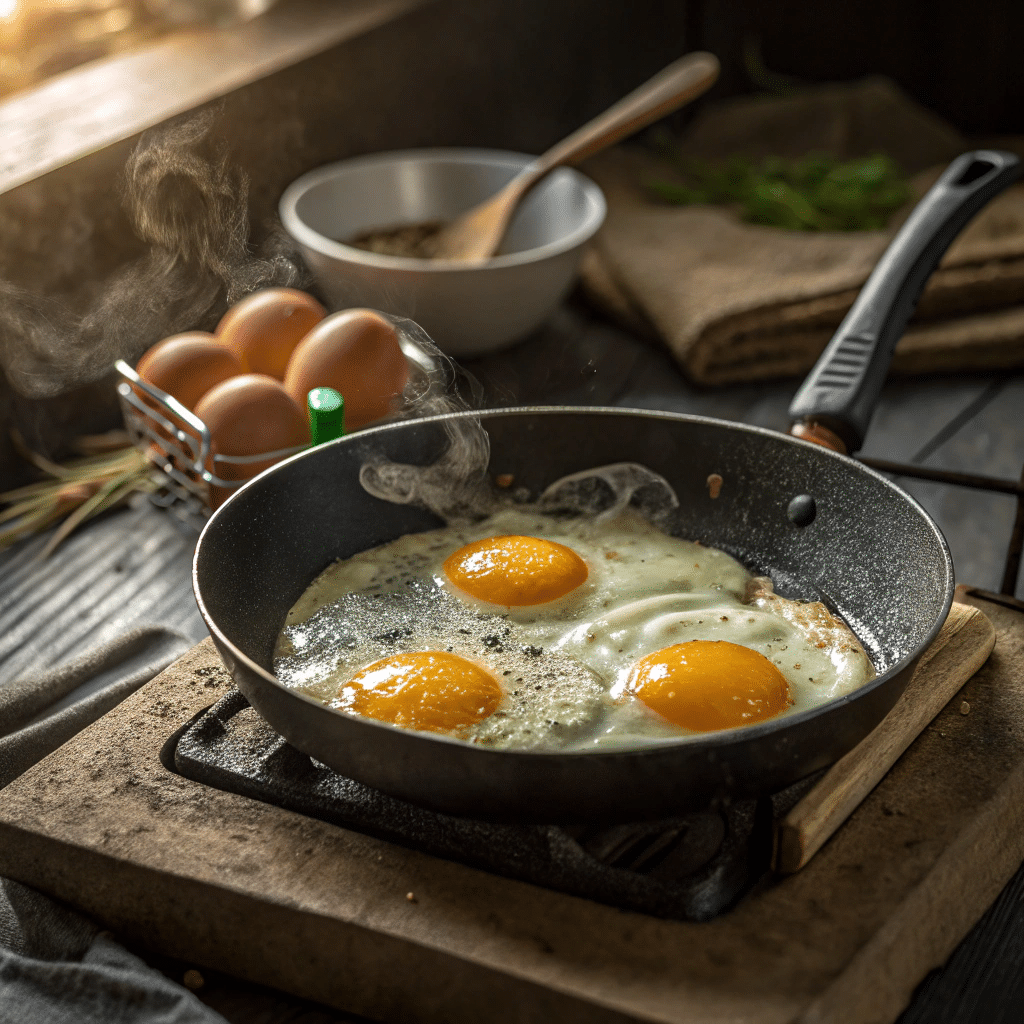 Pasture raised eggs frying sunny side up in skillet with golden yolks