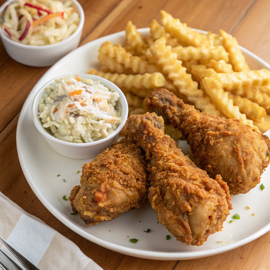 Kennedy’s Fried Chicken with fries and coleslaw on a plate
