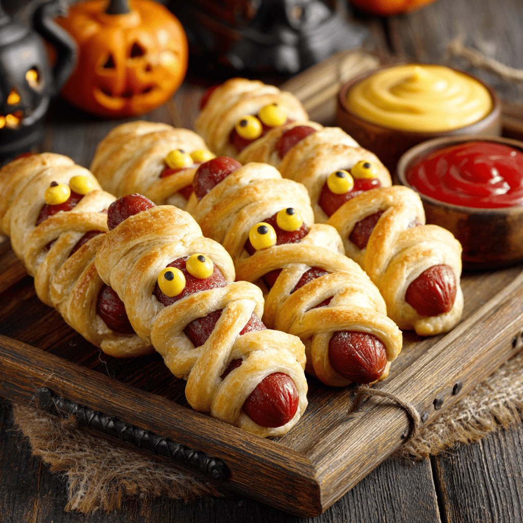 Mini mummy hot dogs wrapped in crescent dough with mustard eyes
