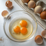 Bright orange yolks from pasture raised eggs next to pale yellow conventional yolks