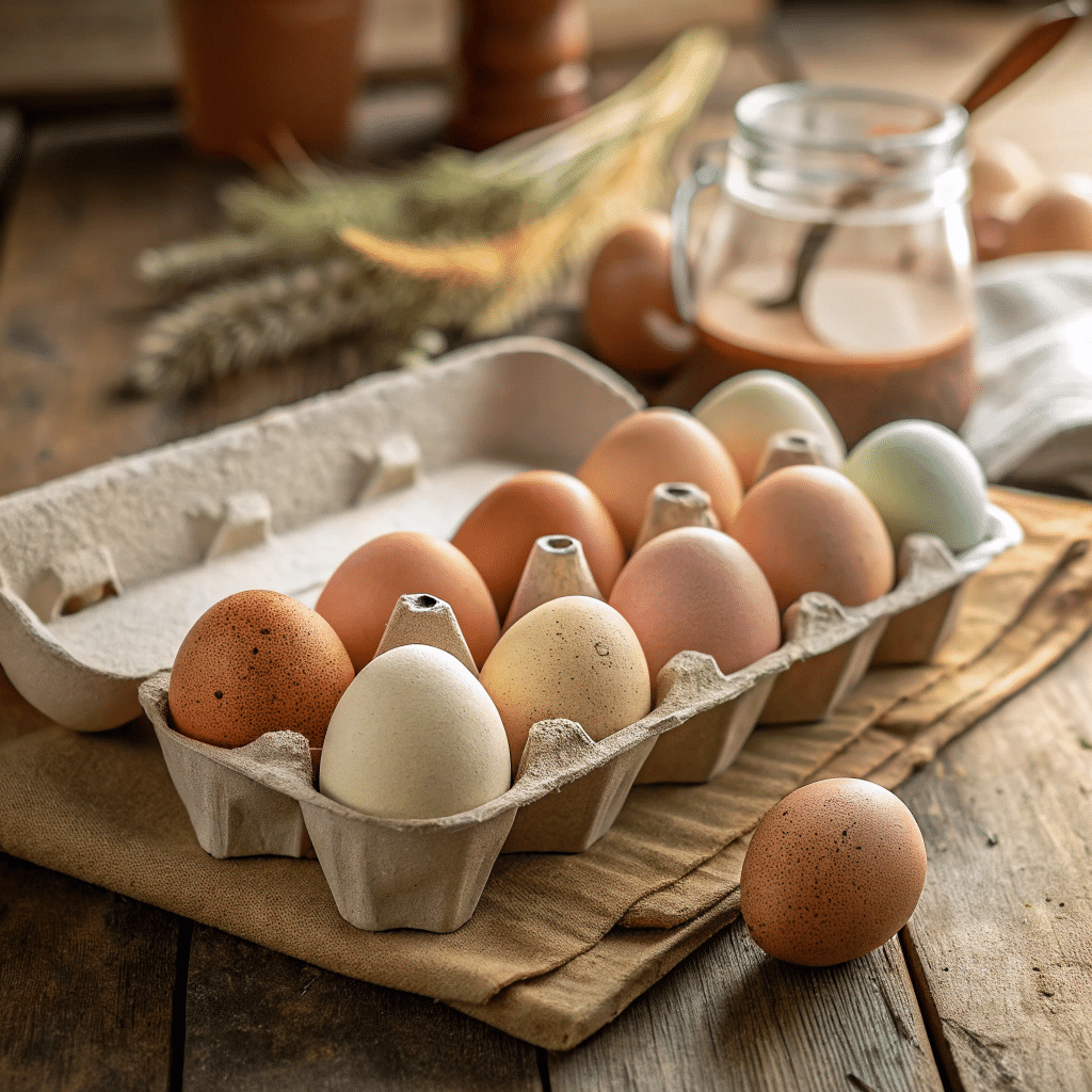 Carton of pasture raised eggs on rustic wooden table