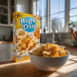 Waffle Crisp cereal box with poured cereal in front