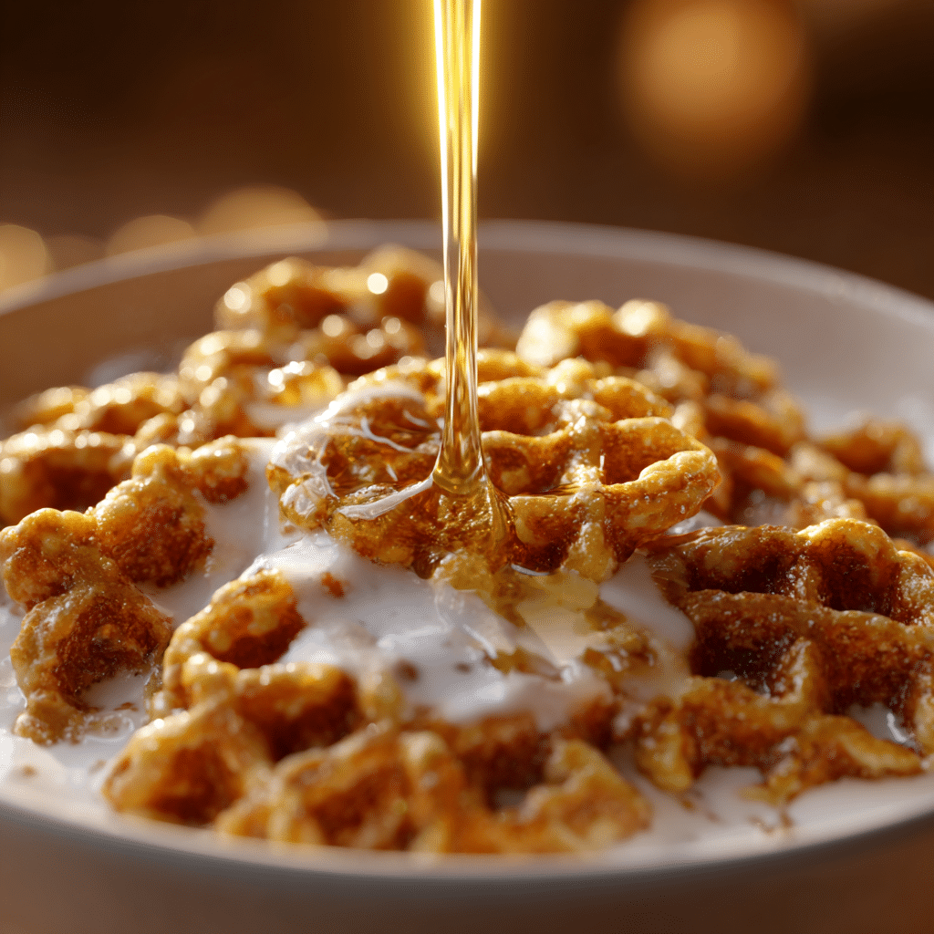 waffle cereal in a bowl with milk and maple syrup