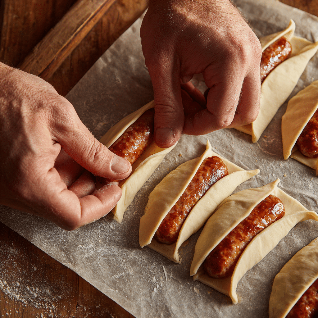 Wrapping crescent dough around cocktail sausages for mini mummy hot dogs